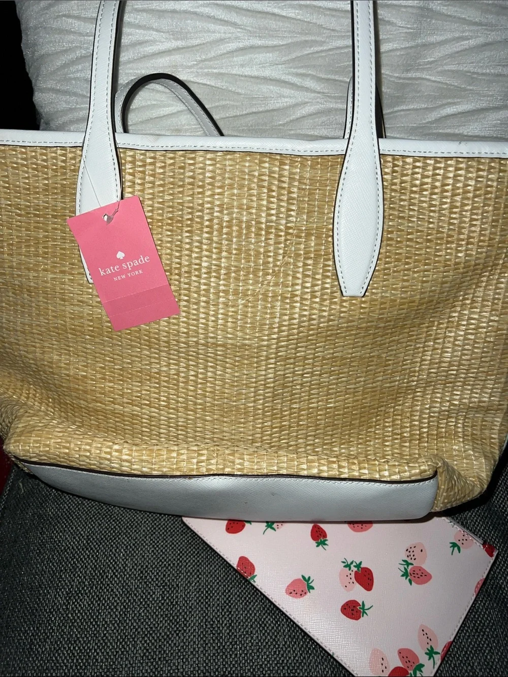 kate spade Straw Tote with White Trim and Pink Strawberry Pouch